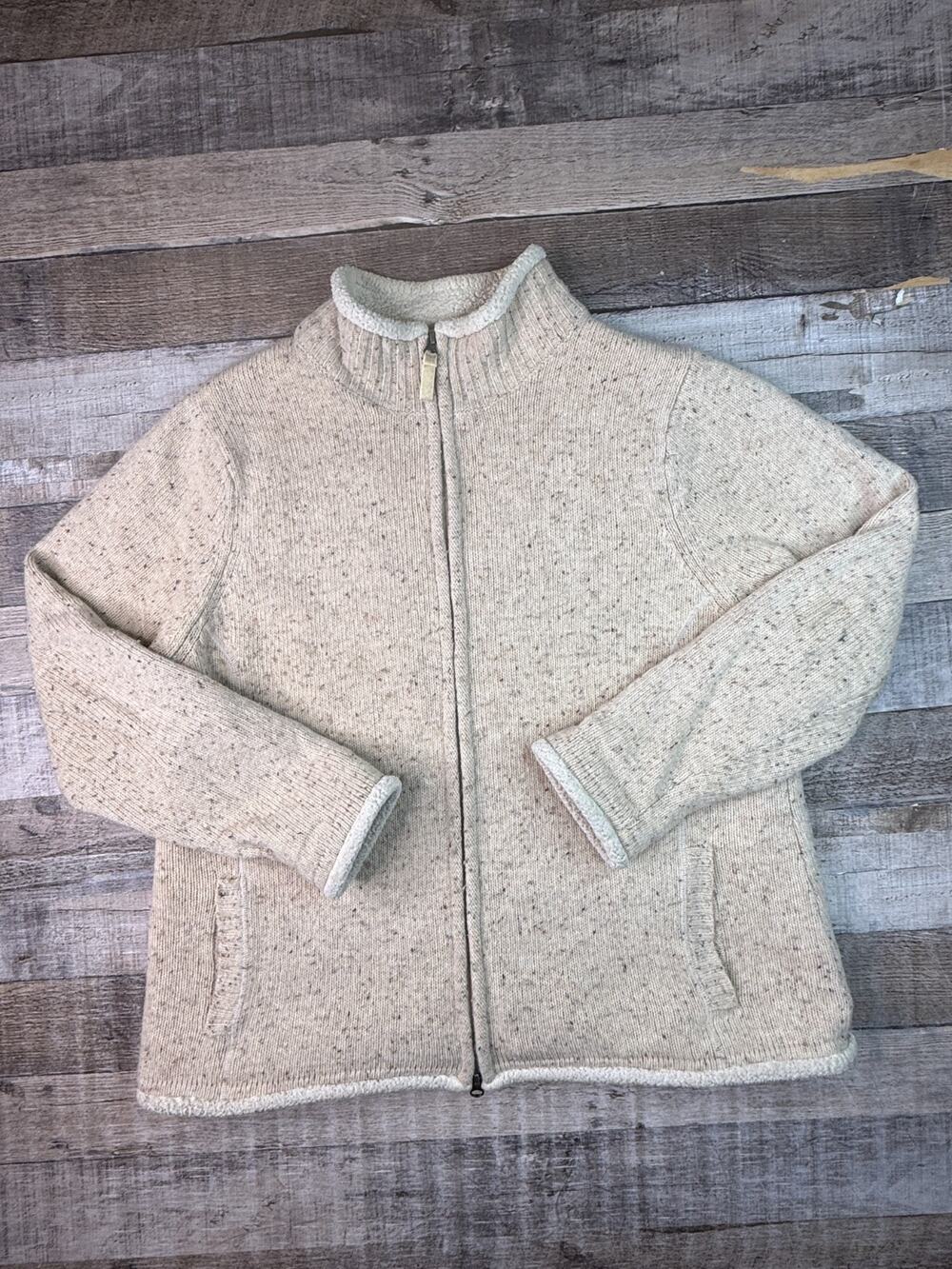 LL Bean Sweater Womens L Lambs Wool Blend Sherpa Lined Full Zip Jacket Beige